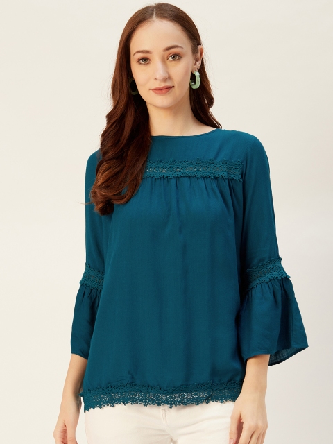 Xpose Women Teal Blue Solid Pure Cotton Top