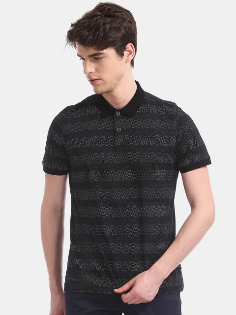Flying Machine Men Black & White Printed Polo Collar T-shirt