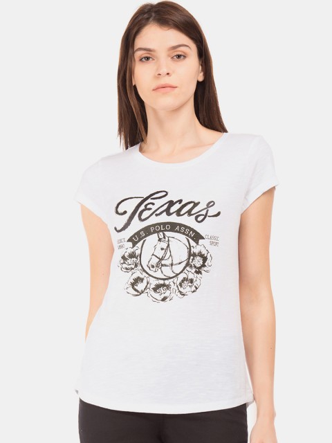 U.S. Polo Assn. Women White Printed Round Neck T-shirt