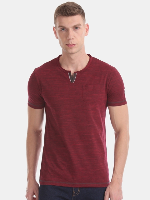Ruggers Men Red Self Design Henley Neck T-shirt