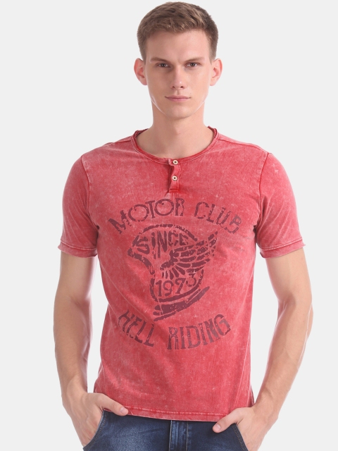 Cherokee Men Red Printed Henley Neck T-shirt