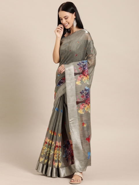 Mirchi Fashion Grey & Multicoloured Floral Woven Design Saree