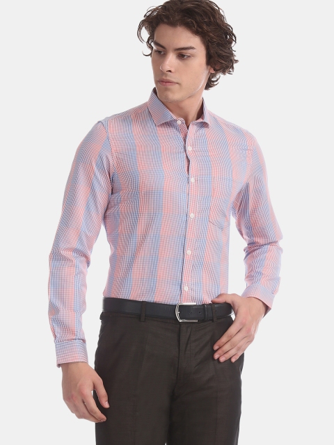 Excalibur Men Coral Red & Blue Slim Fit Checked Casual Shirt