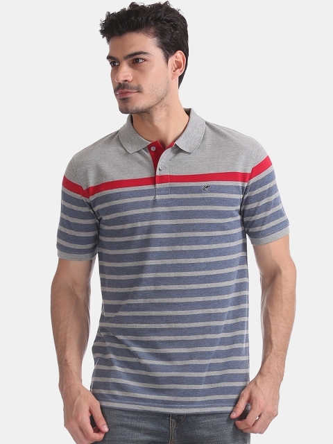 Ruggers Men Grey Striped Polo Collar T-shirt