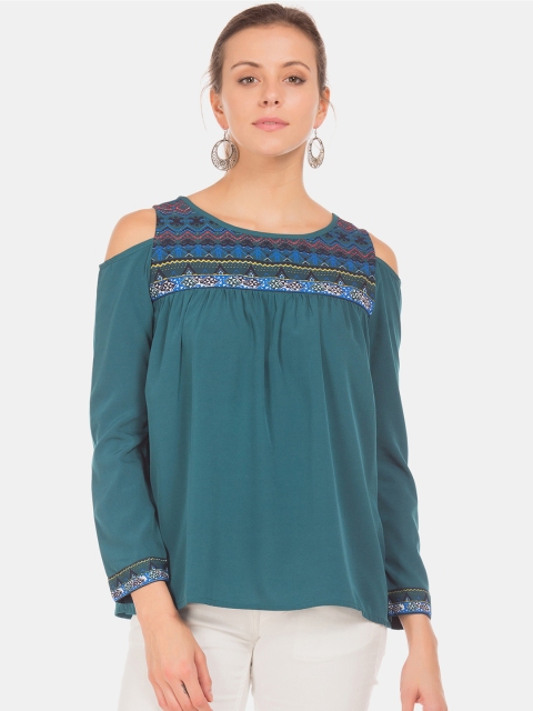 Bronz Women Teal Blue Solid Cold-Shoulder Top