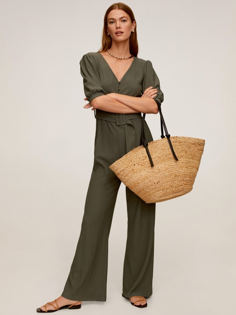 MANGO Women Olive Green Solid Basic Jumpsuit