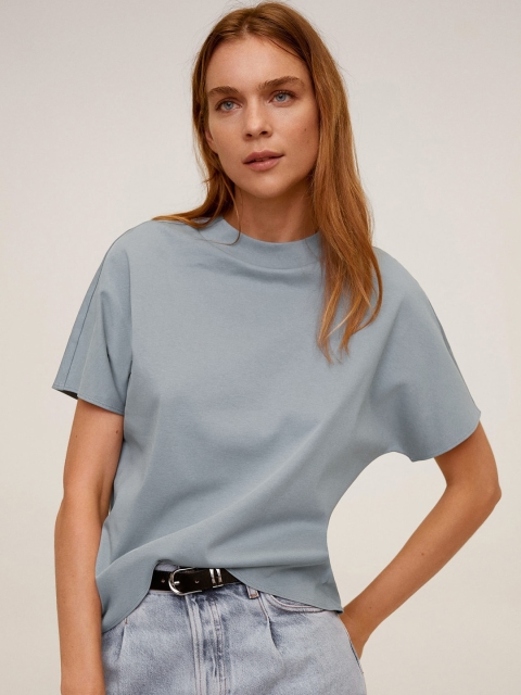 MANGO Women Grey Solid Round Neck T-Sustainable Shirt