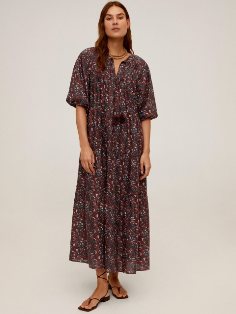 MANGO Women Maroon & Blue Floral Print Maxi Sustainable Dress