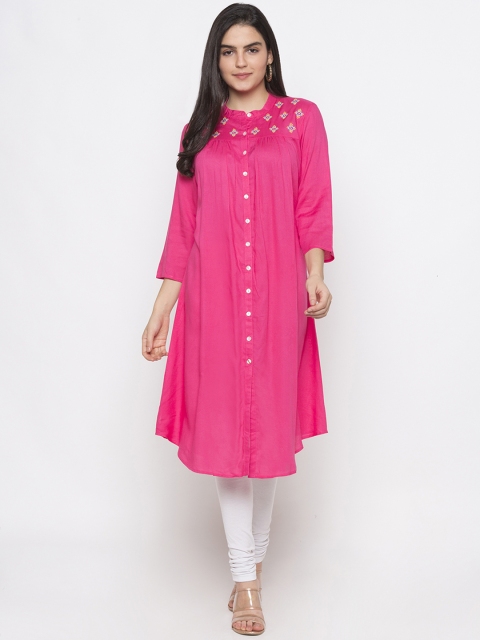 Globus Women Pink Embroidered A-Line Kurta