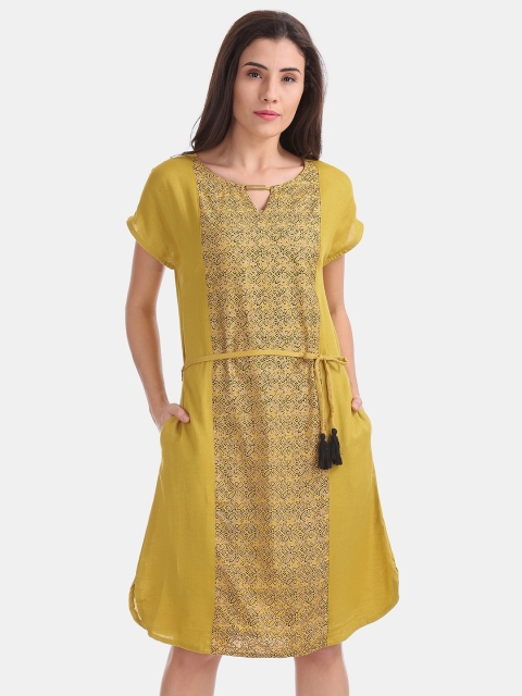 Bronz Women Mustard Yellow Printed A-Line Dress