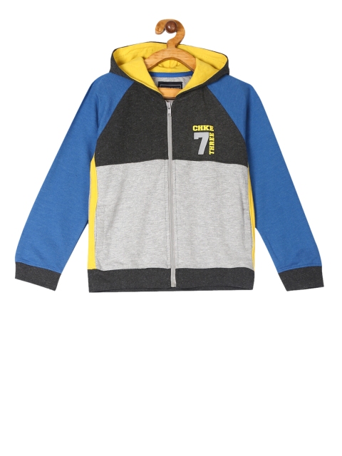 Cherokee Boys Grey Melange & Blue Colourblocked Hooded Sweatshirt