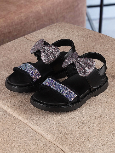 Walktrendy Girls Black Embellished Open Toe Flats