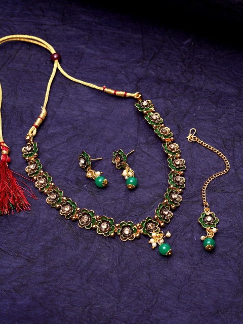 ANIKAS CREATION Gold-Plated Green & Beige Kundan-Studded Enameled Handcrafted Jewellery Set
ANIKAS CREATION Gold-Plated Green & Beige Kundan-Studded Enameled Handcrafted Jewellery Set