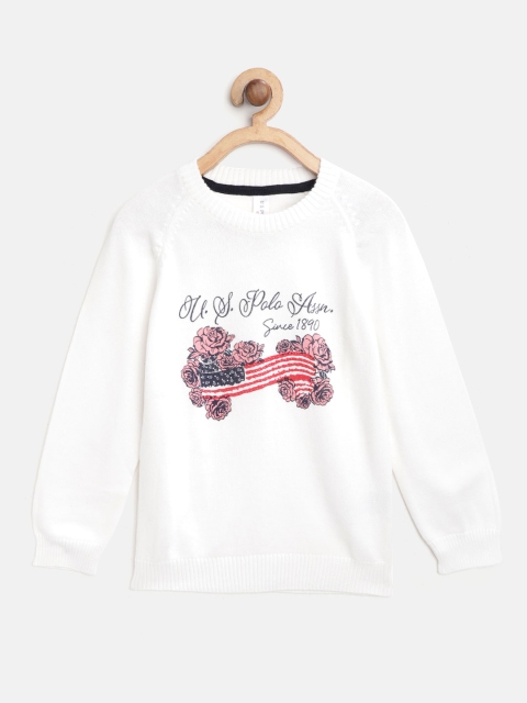 U.S. Polo Assn. Kids Girls White & Pink Printed Sweater