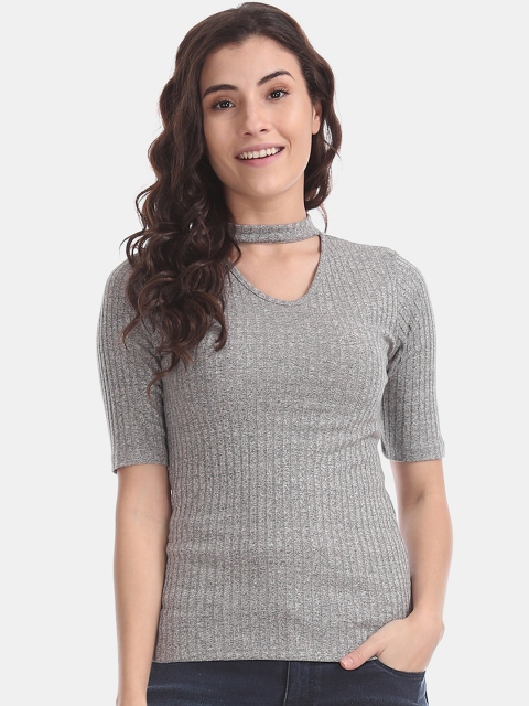 ELLE Women Grey Melange Solid Ribbed Top