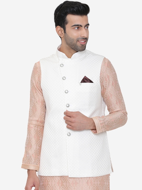 Manyavar Men White Woven Nehru Jacket