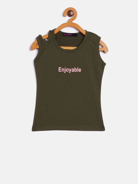 Nins Moda Girls Olive Green Printed Tank Top