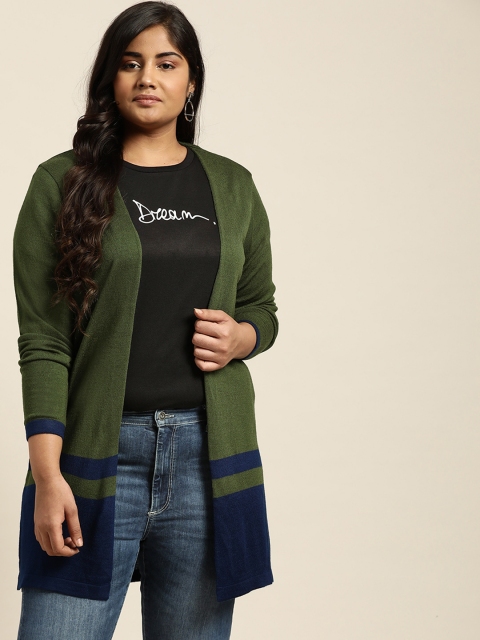 Sztori Women Olive Green & Navy Blue Colourblocked Longline Plus Size Front-Open Sweater
Sztori Women Olive Green & Navy Blue Colourblocked Longline Plus Size Front-Open Sweater