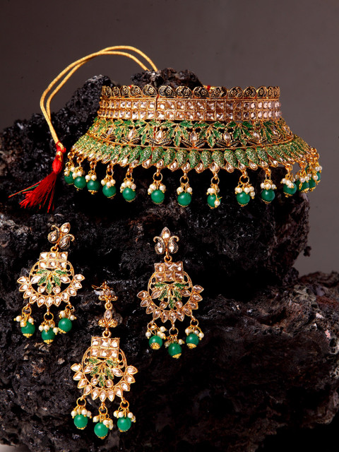 ANIKAS CREATION Gold-Plated Green & Beige Kundan-Studded Beaded Enamelled Handcrafted Jewellery Set
ANIKAS CREATION Gold-Plated Green & Beige Kundan-Studded Beaded Enamelled Handcrafted Jewellery Set