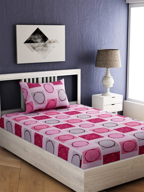 EverHOME Pink & Grey Geometric 144 TC Cotton 1 Single Bedsheet with 1 Pillow Covers