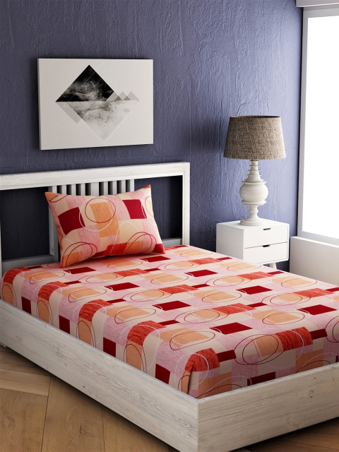 EverHOME Red & Orange Geometric Single Bedsheet with 1 Pillow Cover