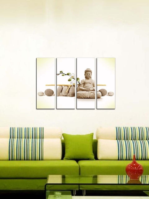 eCraftIndia Beige 4 Panel Meditating Buddha Canvas Wall Art