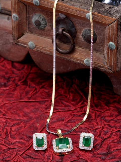 DUGRISTYLE Sterling Silver Gold-Plated Silver-Toned & Green Emerald & AD-Studded Handcrafted Jewellery Set
DUGRISTYLE Sterling Silver Gold-Plated Silver-Toned & Green Emerald & AD-Studded Handcrafted Jewellery Set