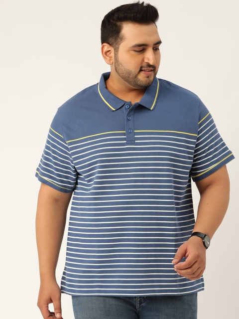 Sztori Men Blue & White Striped Plus Size Polo Collar T-shirt