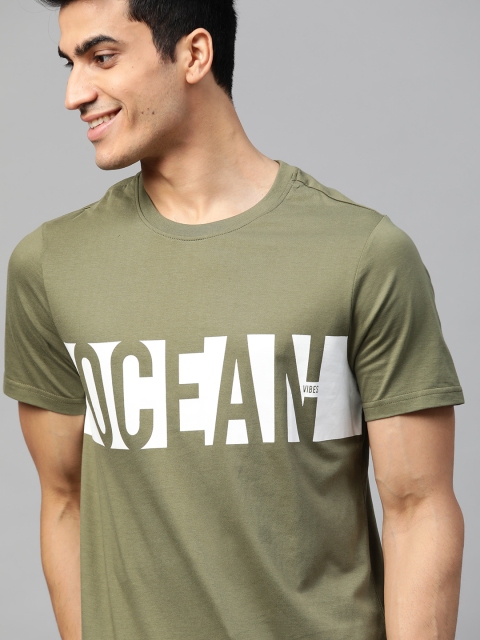Mast & Harbour Men Olive Green & White Printed Round Neck T-shirt