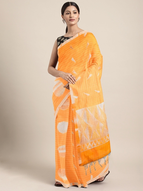The Chennai Silks Orange & Gold-Toned Silk Cotton Woven Design Saree