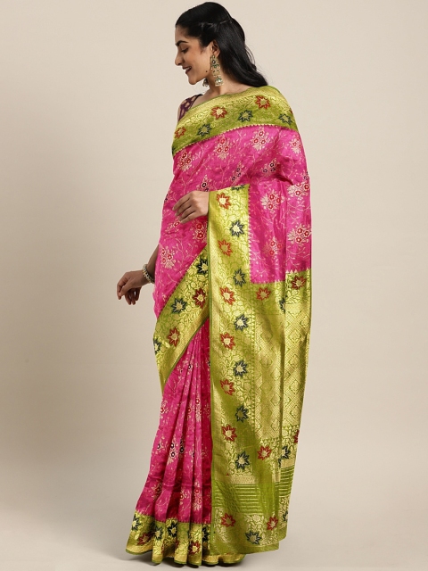 The Chennai Silks Pink & Gold-Toned Silk Blend Woven Design Patola Saree