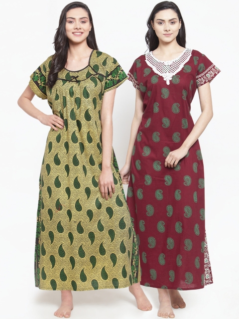 Secret Wish Women Pack of 2 Printed Nightdresses, Green