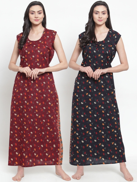 Secret Wish Women Pack of 2 Printed Nightdresses, Maroon