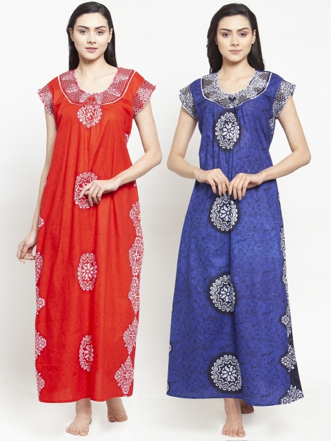 Secret Wish Pack Of 2 Orange & Blue Printed Nightdress
