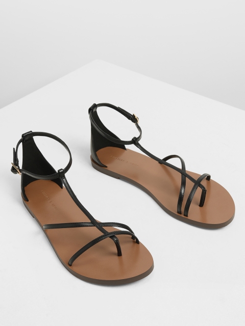 CHARLES & KEITH Women Black Solid PU Open Toe Flats