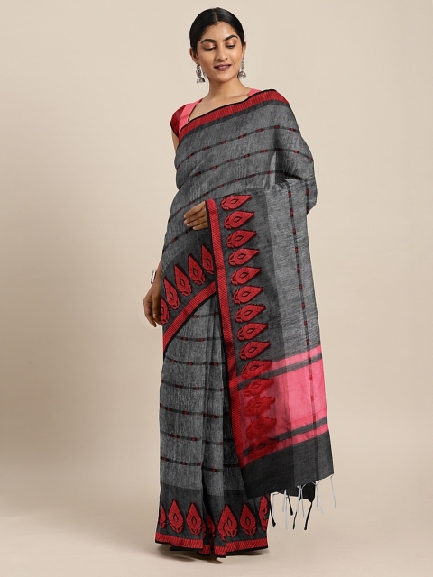 Pavechas Charcoal & Red Silk Cotton Striped Saree