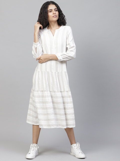 Marks & Spencer Women White & Beige Striped A-Line Tiered Dress