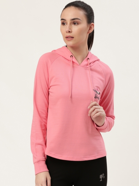 Barbie Women Coral Pink Printed Back Hooded Sweatshirt