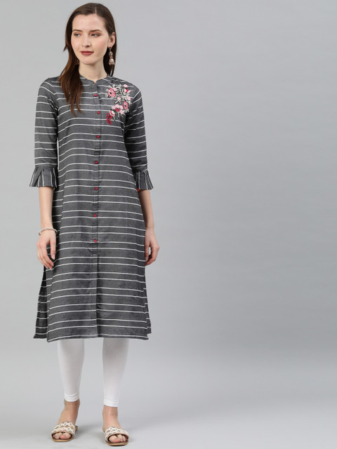 Alena Women Grey Striped Straight Kurta
Alena Women Grey Striped Straight Kurta