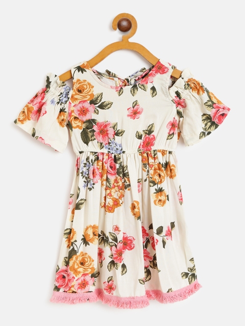 pspeaches Girls Off-White & Pink Floral Print Cold-Shoulder A-Line Dress