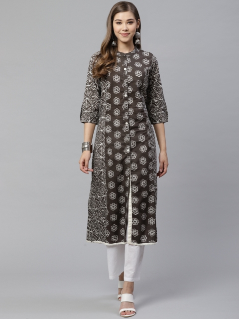 Divena Women Taupe & White Floral Print A-Line Kurta
