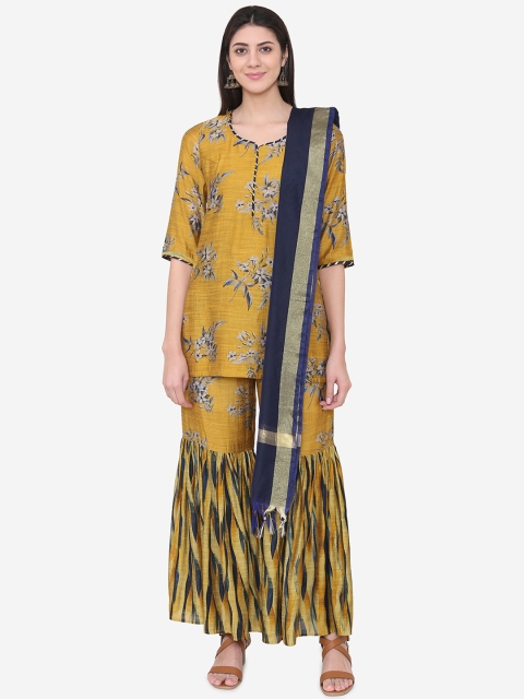 Laabha Women Mustard Yellow & Navy Blue Floral Print Kurta with Sharara & Dupatta
Laabha Women Mustard Yellow & Navy Blue Floral Print Kurta with Sharara & Dupatta
