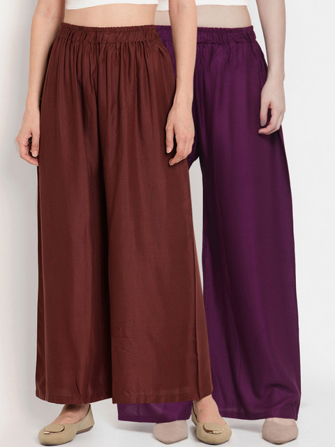 TAG 7 Women Pack of 2 Solid Flared Palazzos, Purple 
TAG 7 Women Pack of 2 Solid Flared Palazzos, Purple