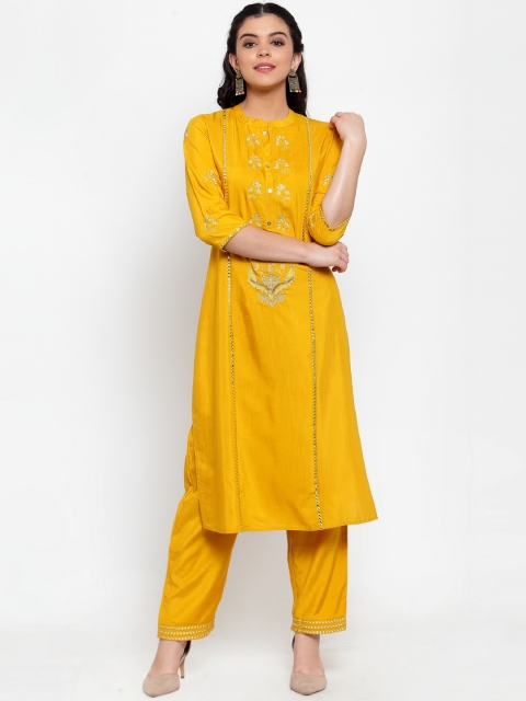 ANAISA Women Mustard Yellow Embroidered Kurta with Trousers