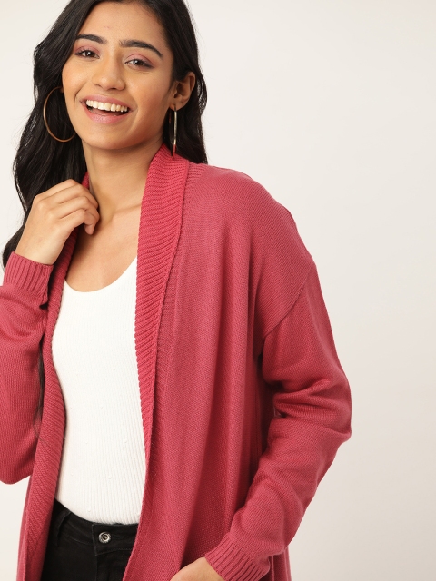 DressBerry Women Coral Pink Solid Front-Open Sweater