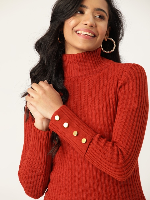 DressBerry Women Rust Red Ribbed Pullover
