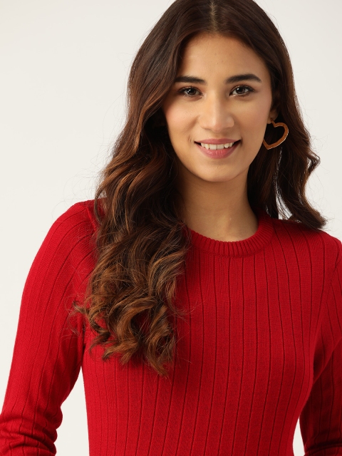 DressBerry Women Maroon Ribbed Pullover