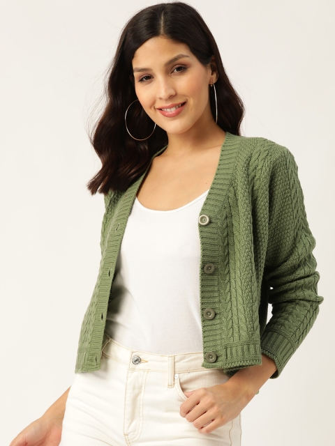 DressBerry Women Green Self Design Cardigan