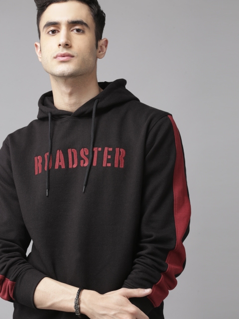 Roadster Men Black & Maroon Brand Logo Embroidered Hooded Sweatshirt