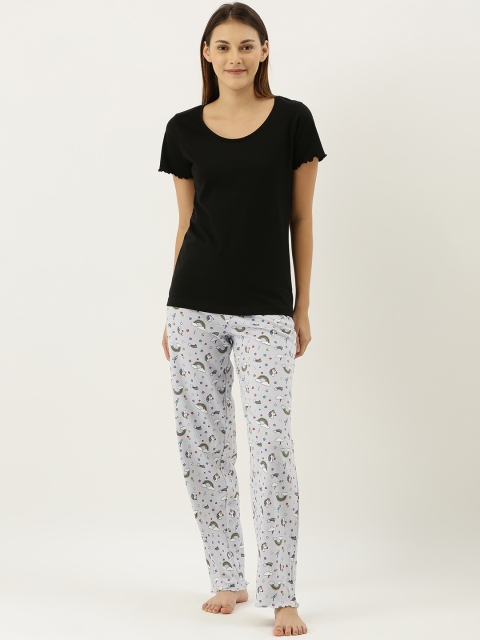 Slumber Jill Women 2 Pc Black Solid Night Suit Set With Lettuce Edge Sleeves